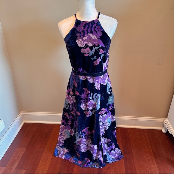 Lulus Crushed Velvet Maxi Dress Blue Purple Florals Size Medium - Picture 13 of 13